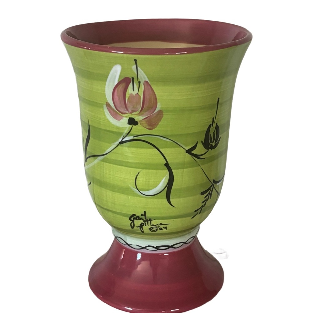 Vase Handpainted and signed by Gail Pittman Made in the USA 9.5” Tall 6.5” Wide